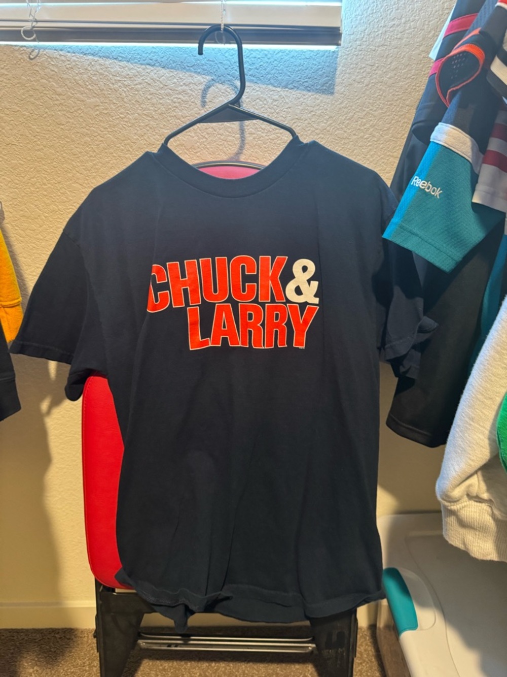 Chuck & Larry Graphic Tee - navy blue with Red & White Logo